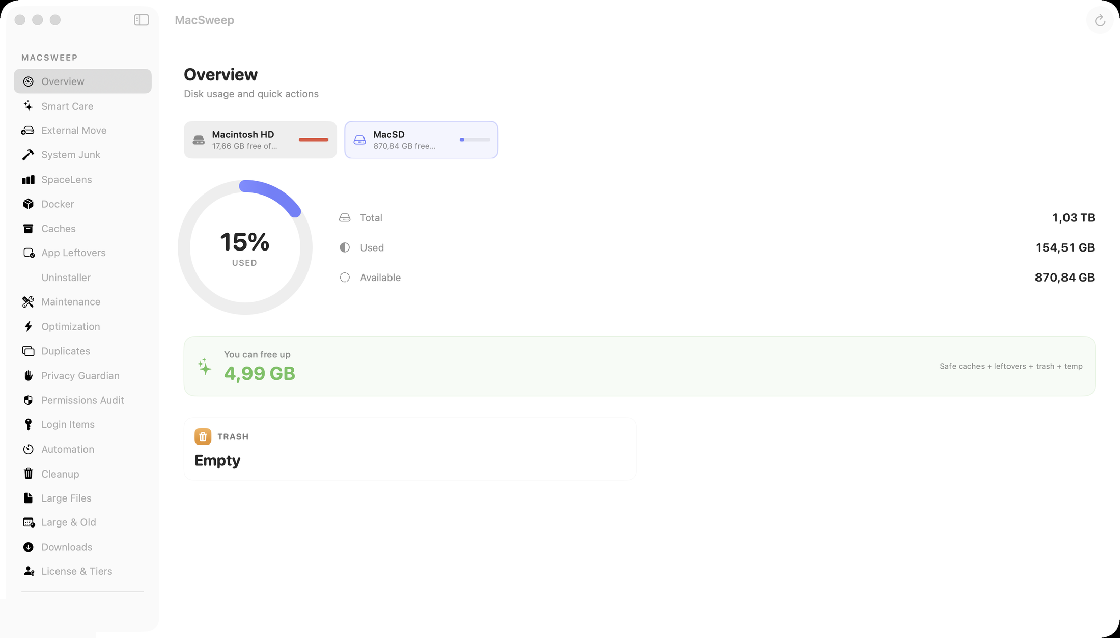 MacSweep interface showing disk cleanup results